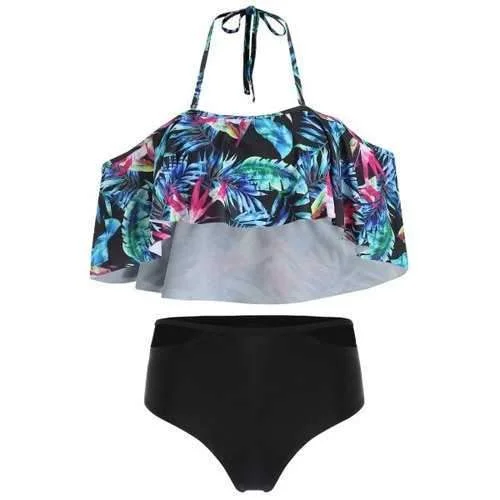 Tropical swim sets with bold leafy designs -Tropical Print Halter Cut Out Bikini Set - Black Xl