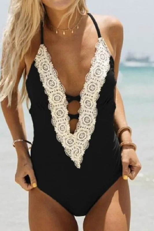 Strapless tankini swim sets for even tanning -Floralkini Lace Trim Plunge One Piece Beachwear