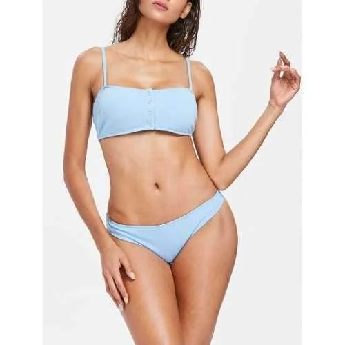 Soft tankini swim sets for gentle comfort -Ribbed Buttons Bikini Set - Light Sky Blue L