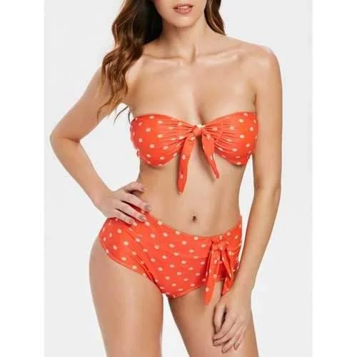 Vibrant floral swim sets for bold beach looks -Strapless Polka Dot Bikini Set - Bean Red L