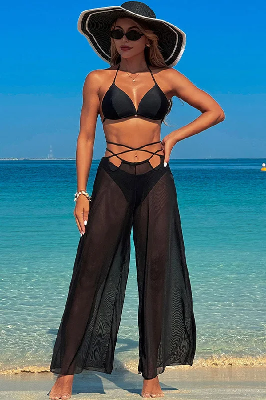 High-neck bikini swim sets for sleek coverage -3 Piece Halter High Cut Backless Bikini With Loose Beach Pants