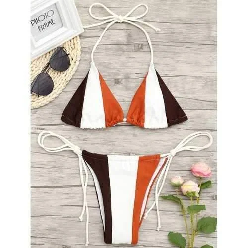 Affordable swim sets with fun pattern designs -Color Block String Low Waisted Bikini Set - White Xl