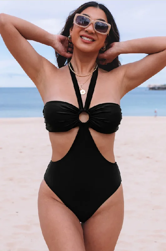 Geometric One-Pieces for Design -Black Halter O-ring Ruched Bust One Piece Swimsuit