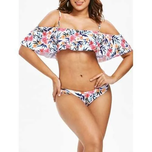 Designer swim sets for luxury swimwear elegance -Cold Shoulder Flower Bikini Set - White M