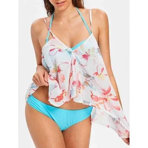 Supportive swim sets with sturdy underwire support -Halter Bikini with Flower Cover Up - Deep Sky Blue S