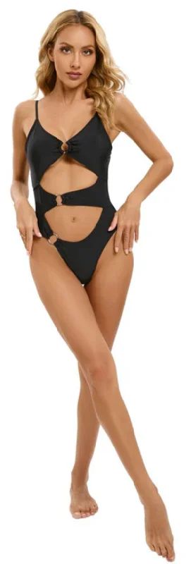 Office One-Pieces for Workday -Ring Llink Hollow Out V Neck One Piece Swimsuit Black