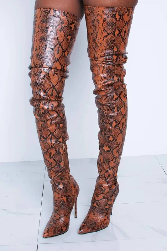 Adjustable bikini swim sets for perfect fit -Orangered Snake Print Stiletto Thigh High Boots