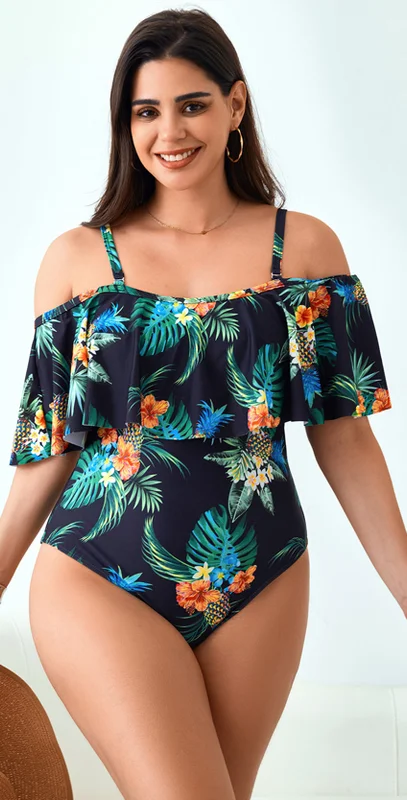 Painting One-Pieces for Art -Plus Tropical Print Cold Shoulder Ruffle Trim One Piece Suit Black