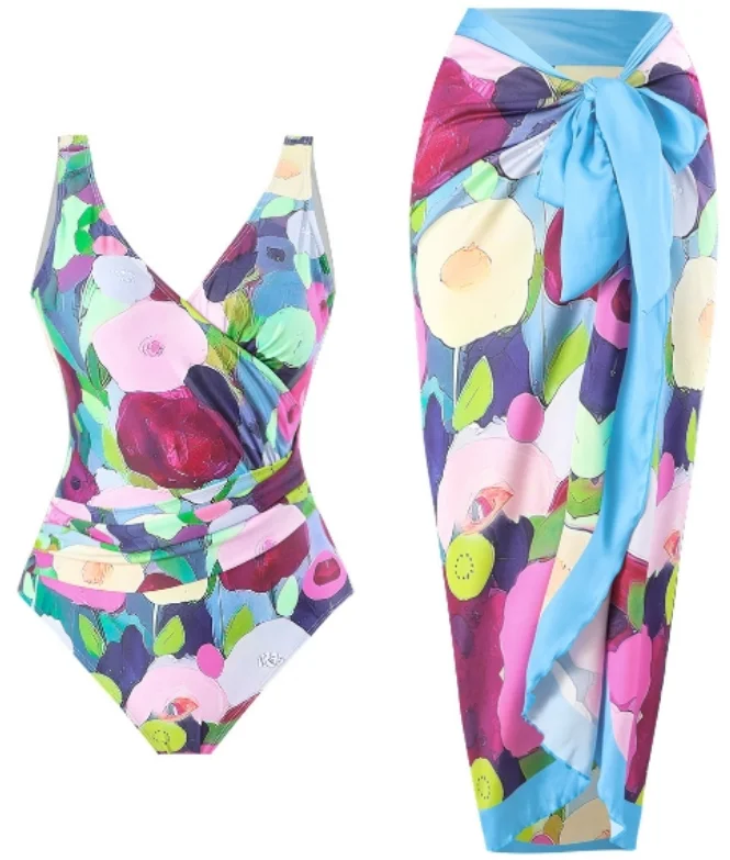 Wool One-Pieces for Warmth -Printed Swimsuit & Beach Cover Up Sarong Set Sky Blue