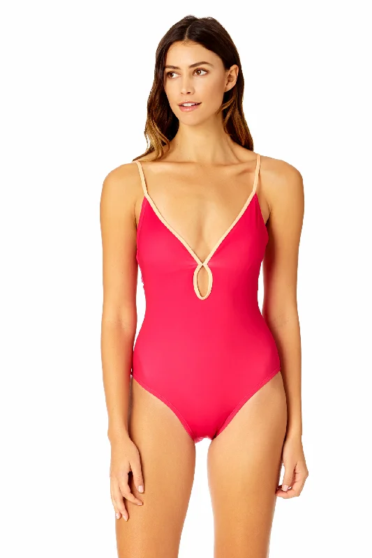 Polyester One-Pieces for Easy -Women's Solid Piped Keyhole One Piece Swimsuit