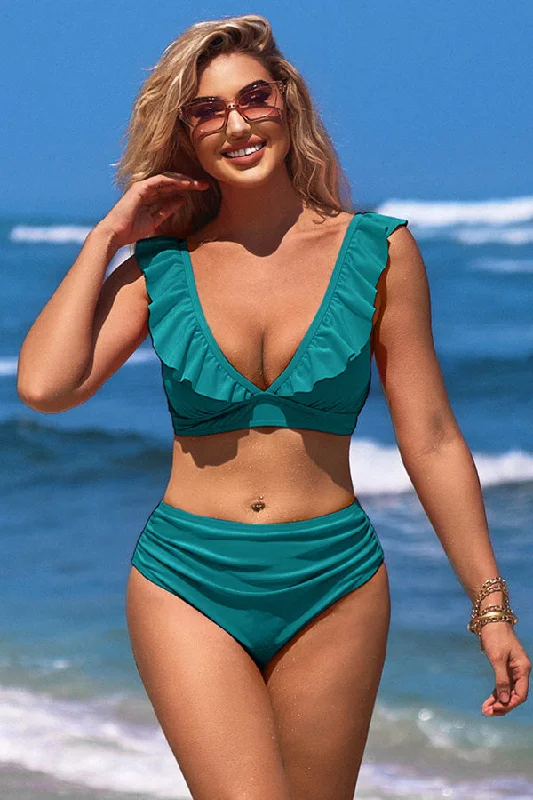 Bright swim sets for standout beach flair -V Neck Solid Color Ruching Ruffle Push Up Bikini Suits