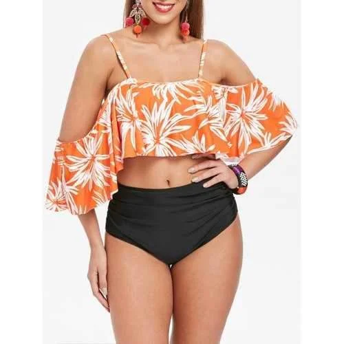 Lightweight tankini swim sets for easy drying -Flower Cold Shoulder Bikini Set - Tangerine M