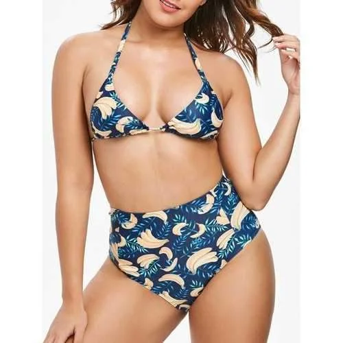 Designer bikini swim sets for upscale appeal -Banana Print High Rise Bikini Set - Midnight Blue M