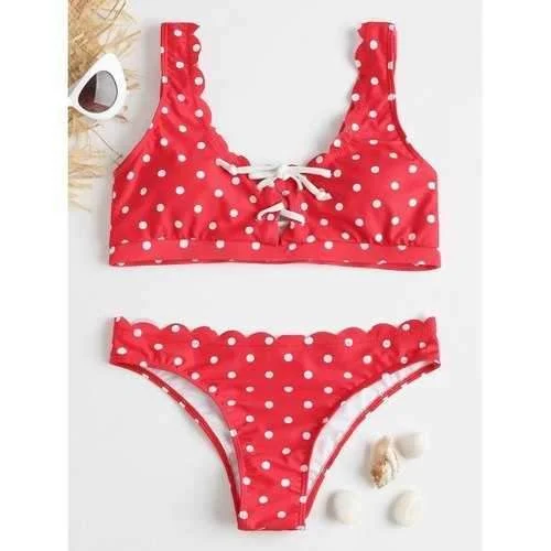 Retro tankini swim sets for nostalgic flair -Polka Dot Scalloped Bikini - Red S