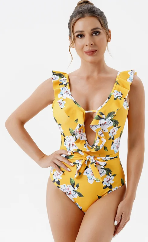 Fishing One-Pieces for Outdoors -Front Cut Out Hollow Out Printed Backless Swimsuit Yellow