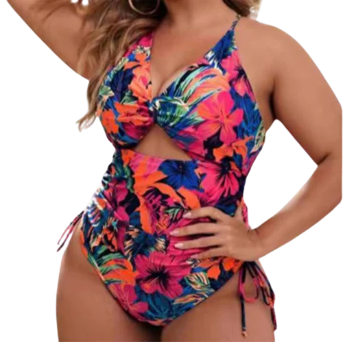 Minimalist One-Pieces for Simplicity -Plus Size Floral Print Cutout Drawstring One Piece Monokini