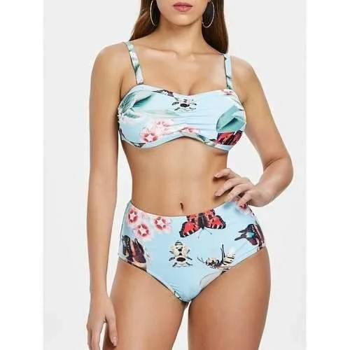 Tropical bikini swim sets with palm prints -Floral Insect Print Ruched Bust Bikini - Light Cyan S