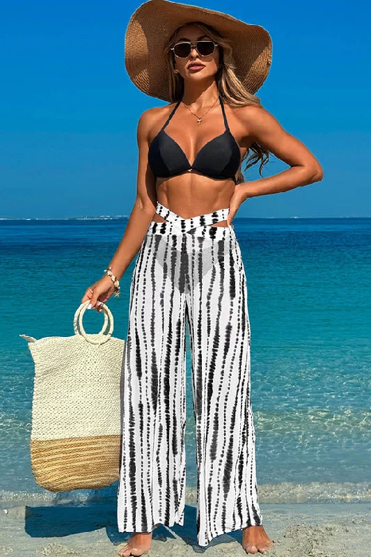 Padded swim sets for enhanced bust support -3 Piece Halter Backless Bikini With Chiffon Beach Pants