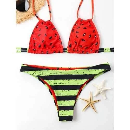 Floral tankini swim sets for elegant charm -Watermelon Print Halter Bikini Set - Red 2xl