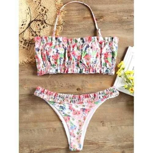 Retro swim sets for vintage-inspired beachwear -Ruffle Print Bikini Set - L