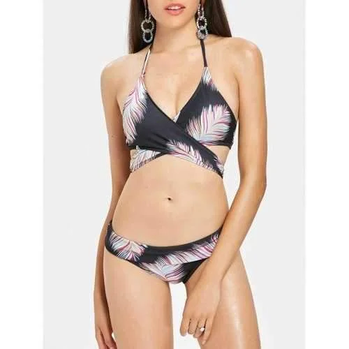 Ruffled swim sets with soft fabric ruffles -Feather Halter Wrap Bikini Set - Black Xl