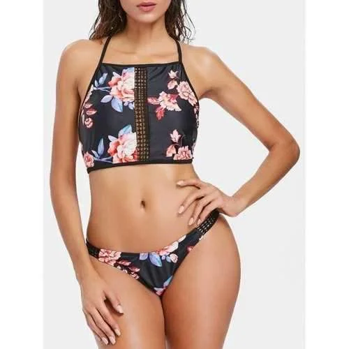 Classic black tankini swim sets for elegance -Lacing Back Flower Printed Bikini - Black L