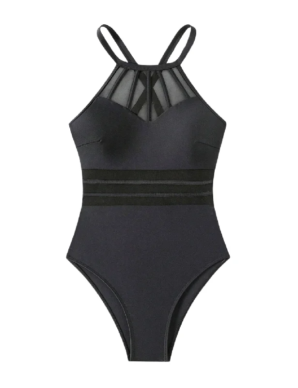 Solid Color One-Pieces for Simple -Sweetheart Mesh Splice One-Piece Swimsuit