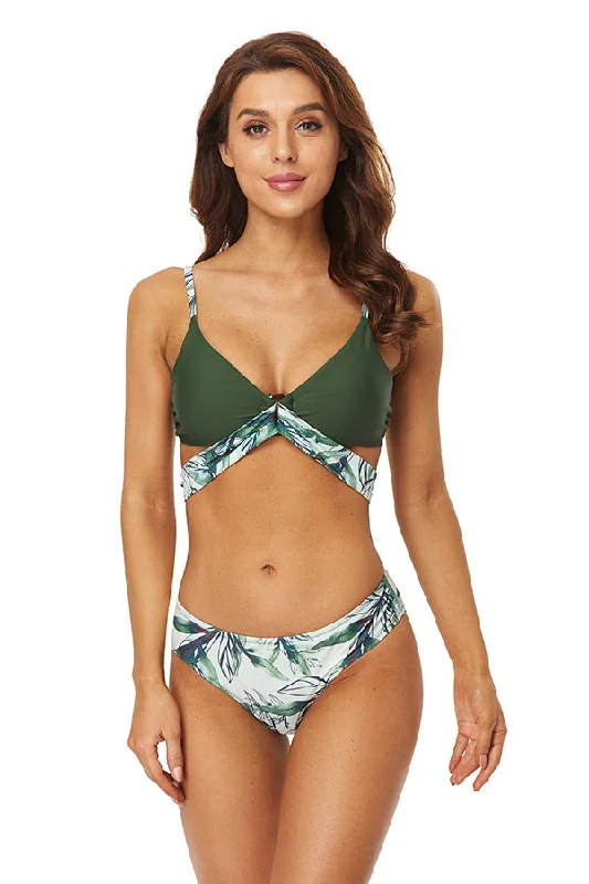 Adjustable high-neck swim sets for perfect fit -Clearance | Leaves Pattern Cut Out Ruching Green Bikini Suits