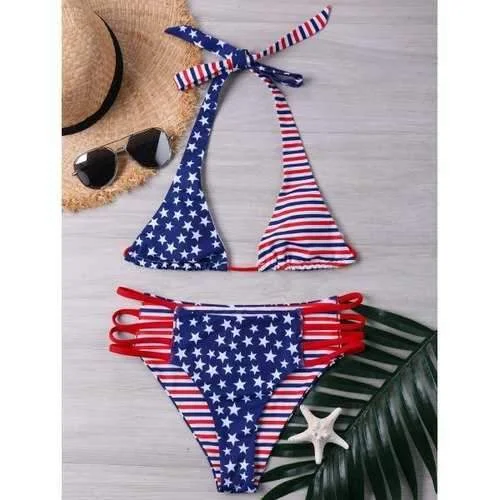 Luxury swim sets with gold accent details -Halter Neck American Flag Bikini Set - L