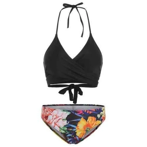 Durable swim sets for saltwater durability -Halter Neck Floral Print Padded Bikini Set - Black 2xl