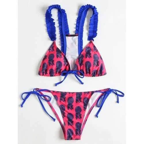 High-neck tankini swim sets for sleek looks -Pineapple Print Frilled Trim Bikini - Rose Red M