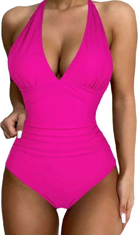 Brown One-Pieces for Earthy -Solid Color One-piece Swimsuit With Backless Design Pink