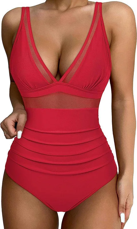 Elastic One-Pieces for Flex -Solid Mesh Contrast V Neck Stretchy Ruched One-piece Swimsuit Red