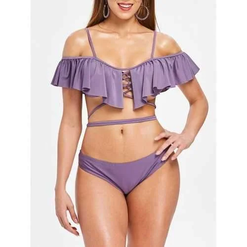 Cute crop swim sets for youthful charm -Flounced Lacing Bikini - Viola Purple 2xl