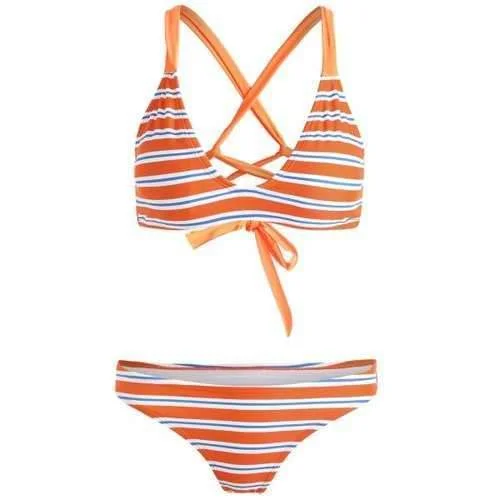 Strapless tankini swim sets for even tanning -Lace Up Back Stripe Bikini - Tangerine Xl