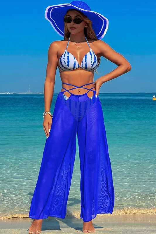 Sporty tankini swim sets for active swimmers -3 Piece Halter Backless Bikini With Chiffon Beach Pants