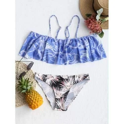 Ruffled halter swim sets for flirty appeal -Flounce Low Waist Printed Bikini Set - Light Blue Xl