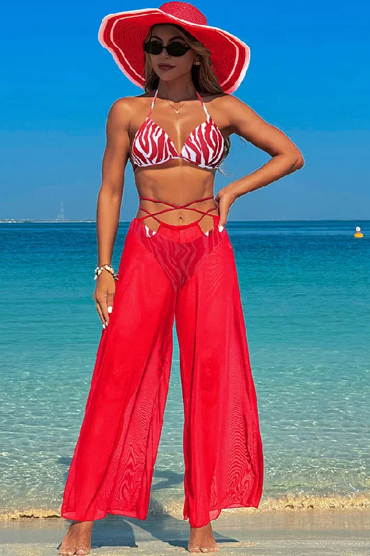 Neon swim sets for bold poolside looks -3 Piece Halter Backless Bikini With Chiffon Beach Pants