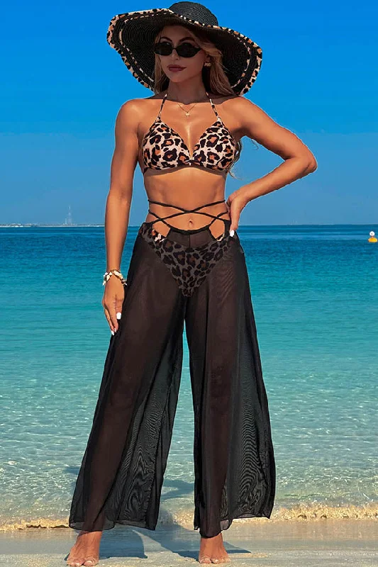 Durable swim sets with UV protection fabric -3 Piece Halter Backless Bikini With Chiffon Beach Pants