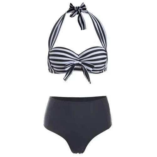 Designer swim sets with signature brand logos -Halter Striped Bowknot Bikini Set - White Xl