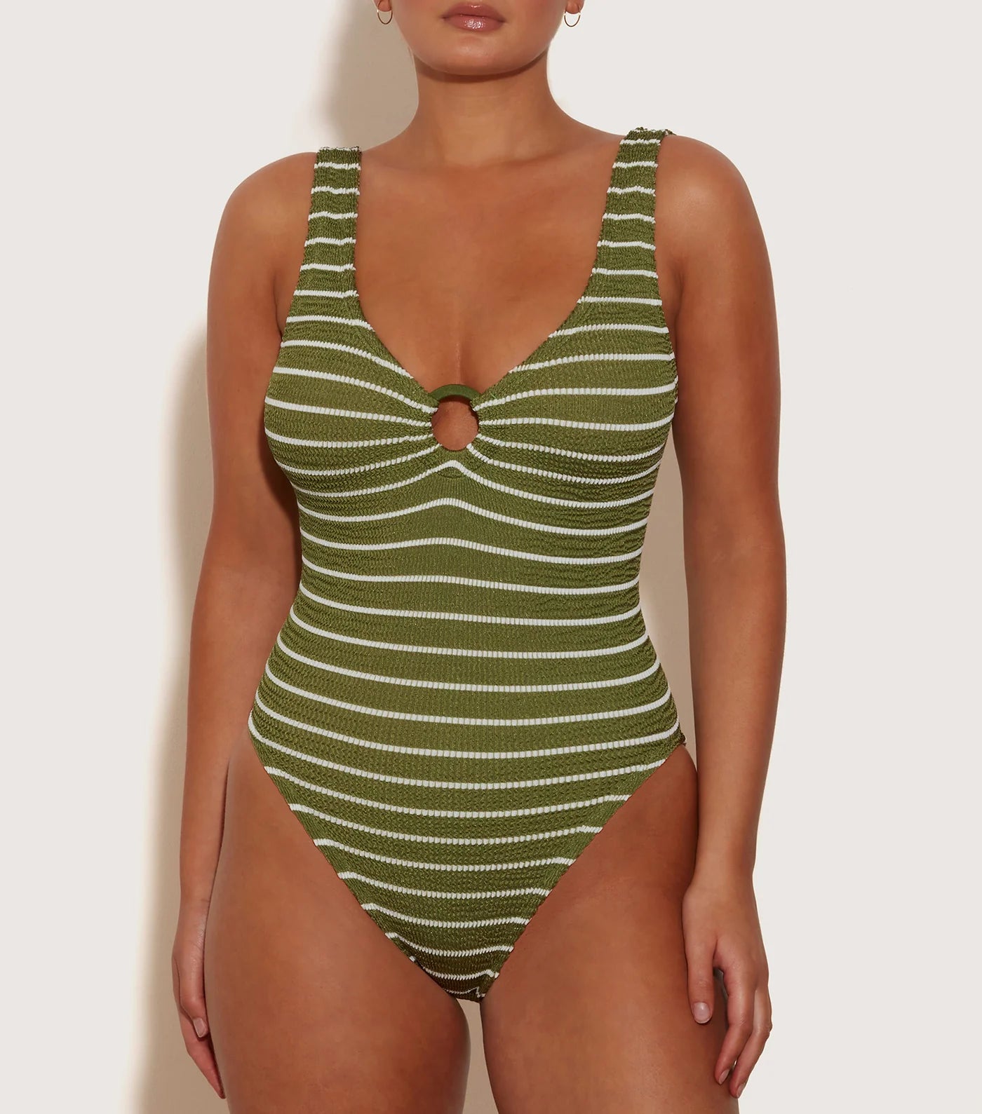 Designer high-neck swim sets for chic swimwear -Celine One Piece Tonal Hoops Metallic Moss White