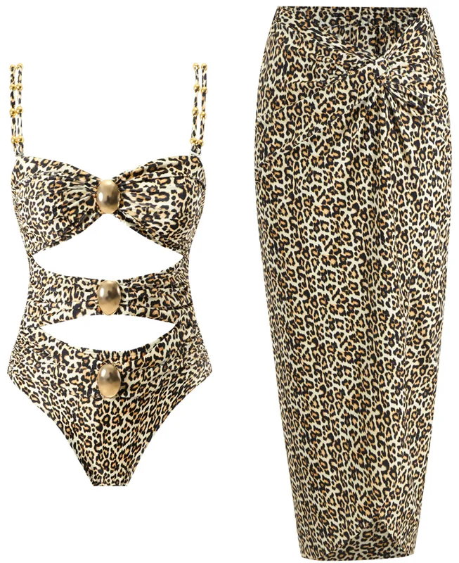 Cocktail One-Pieces for Event -One Piece Swimsuit with Beach Cover up Wrap Skirt Leopard