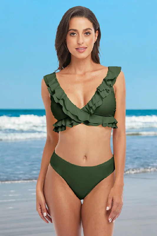 Durable swim sets for frequent pool use -V Neck Solid Color Knotted Ruffle Green Bikini Suits