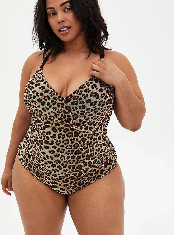 Retro One-Pieces for Throwback -Torrid Leopard Wireless Surplice One-Piece Swimsuit