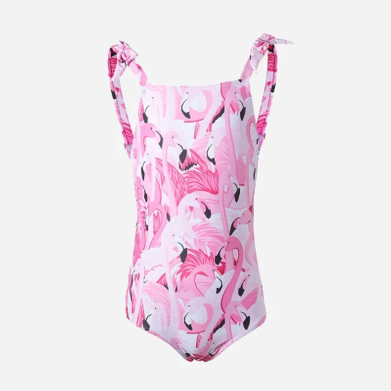 Formal One-Pieces for Occasion -Pink Flamingo Girls Swimsuit with Bow