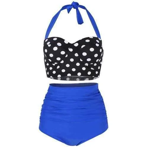 Stylish bikini swim sets for summer beach outings -Polka Dot Ruched Padded Bikini Set - Blue M