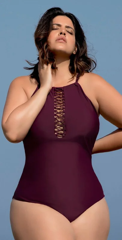 Spandex One-Pieces for Fit -Raisins Curve Ola One Piece Swimsuit in Maroon Y840085-MAR