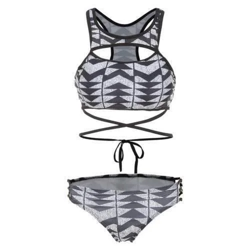 Strapless swim sets for minimal tan lines -Geometry Cut Out Criss Cross Bikini Set - L