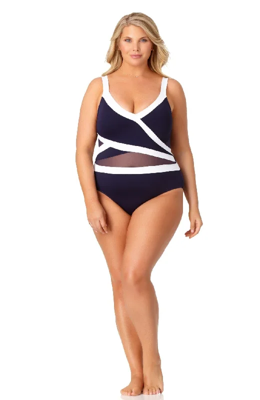 Printed One-Pieces with Patterns -Anne Cole Hot Mesh Asymmetric Spliced Mesh One Piece Swimsuit