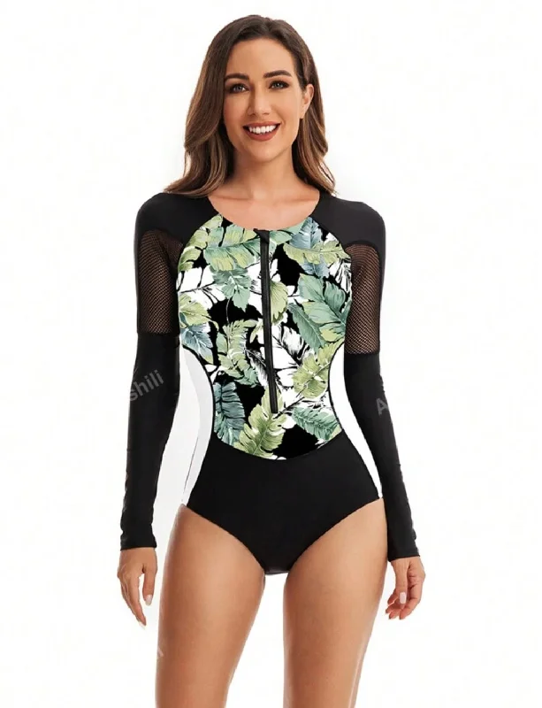 Ethnic One-Pieces with Tribal Design -Leaf & Block Mesh Rashguard One-Piece